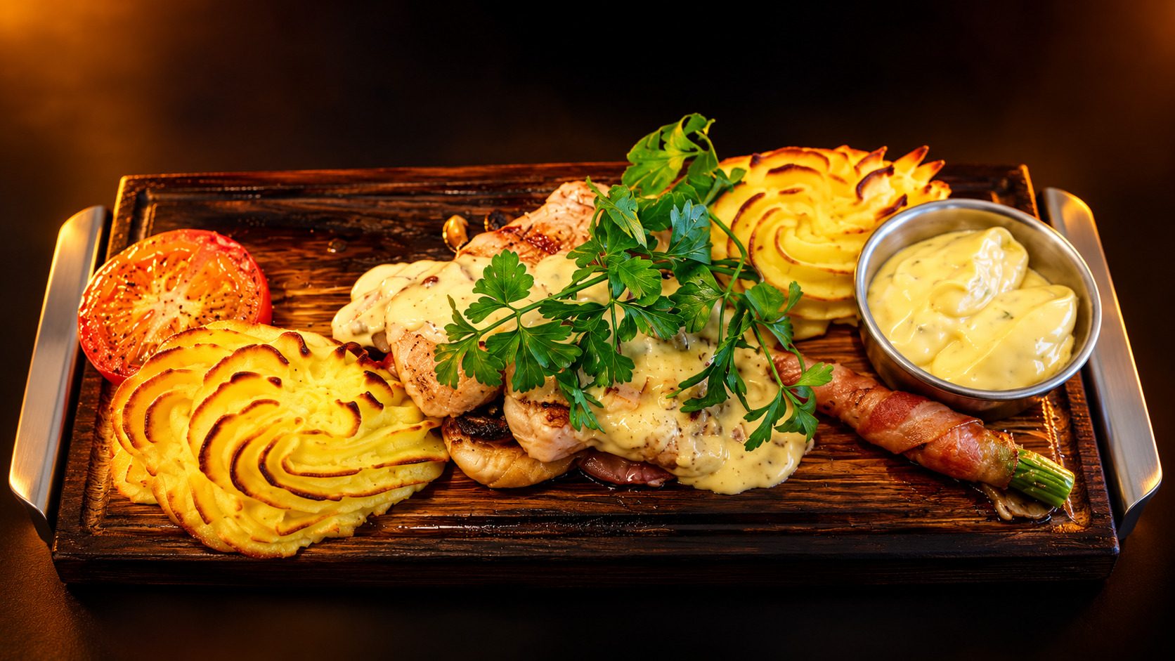 En varm planka serverad på träbräda